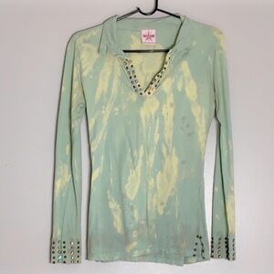 Pretty in Punk 90s grunge Bleach Studded Collared V Neck long sleeve T-shirt
